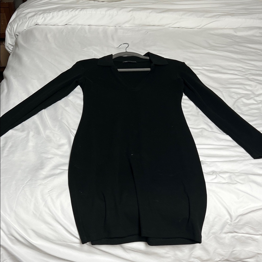 Black Long Sleeve Collared Knit Dress - Unbranded